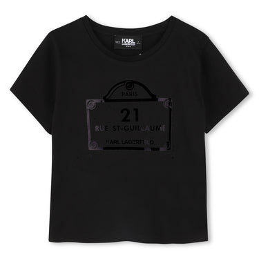 KARL LAGERFELD Playera para niña, negra print al tono al frante